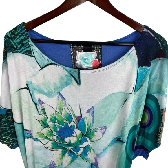 Desigual | White Blue Floral Mixed Media Short Sleeve Top - Picture 2 of 11